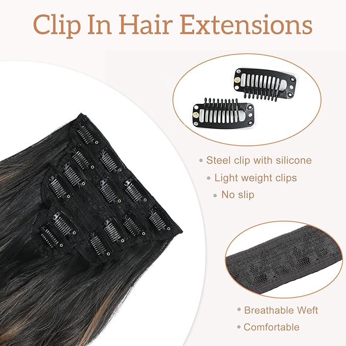 Clip in Hair Extensions for Women - 20 Inch Long Wavy Brown Extensions, 6PCS Hairpieces that Blend Naturally with Your Real Hair (20 Inch, Ombre Natural Black to Chestnut Brown Highlights)