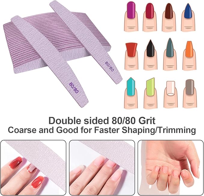 80/80 Grit Nail Files (25 Pack), Emery Boards for Acrylic Nails and Gel Nails, Coarse Nail File Double Sided 80 Grits Emory Professional Nail Filers Reusable Washable Manicure Curved Gray Bulk