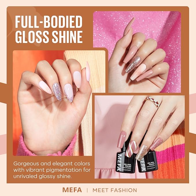 MEFA Gel Nail Polish Set, 12 Colors Champagne Gold Glitter Gel Polish Set Burgundy Red Nail Polish Soak Off Dark Red Brown Shimmer Nude Pink Gifts for Women Girl DIY Salon Home Manicure