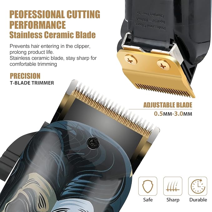 BESTBOMG Hair Clippers & Trimmer Ceramic T-Blade Cordless Haircut Sets Rechargeable with 10 Guide Combs & for Men/Father/Husband/Boyfriend