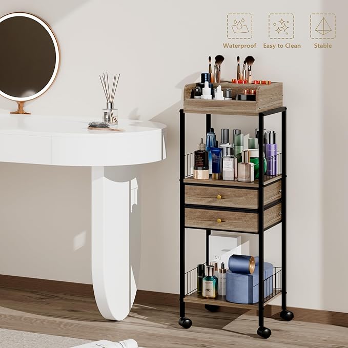 Makeup Organizer Cart Shelf Floor Skincare Organizers Make Up and Station Storage Cabinet For Vanity Standing Cosmetics With Drawers and Wheels For Nail Polish Perfume Hair Tool Beauty(Grey Oak)