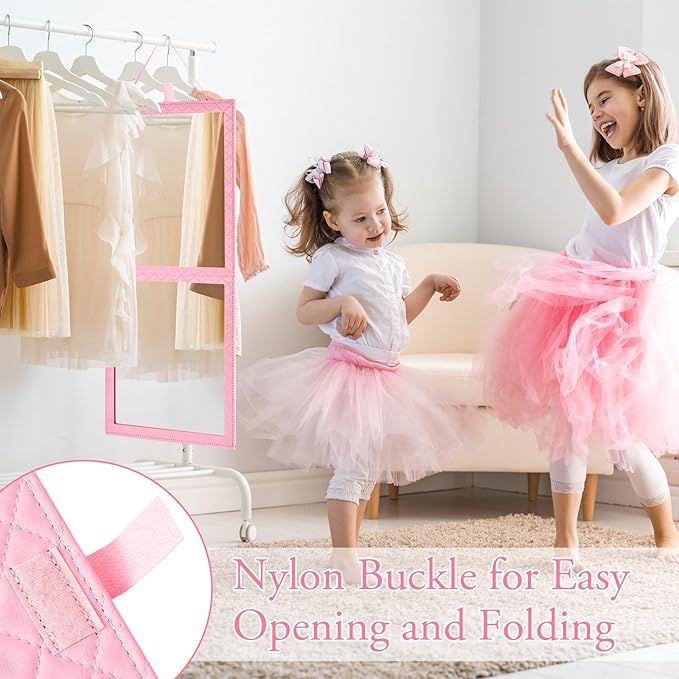 Foldable Backstage Mirror with Handle 24.61x 11.22 Inch Leather Folding Hanging Mirror Rectangular for Travel Dance Bag Home Fitness Spa Gift for Dancers(Pink)