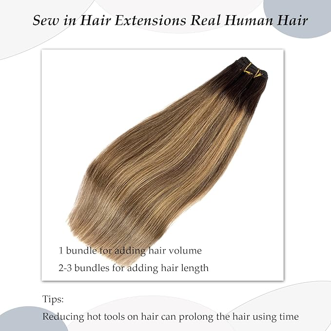 Sew in Hair Extensions Real Human Hair, 20 Inch 100G Weft Hair Extensions Human Hair Ombre Ash Brown Balayage Golden Blonde Highlights Human Hair Weft Extensions Weave Bundles Human Hair for Women