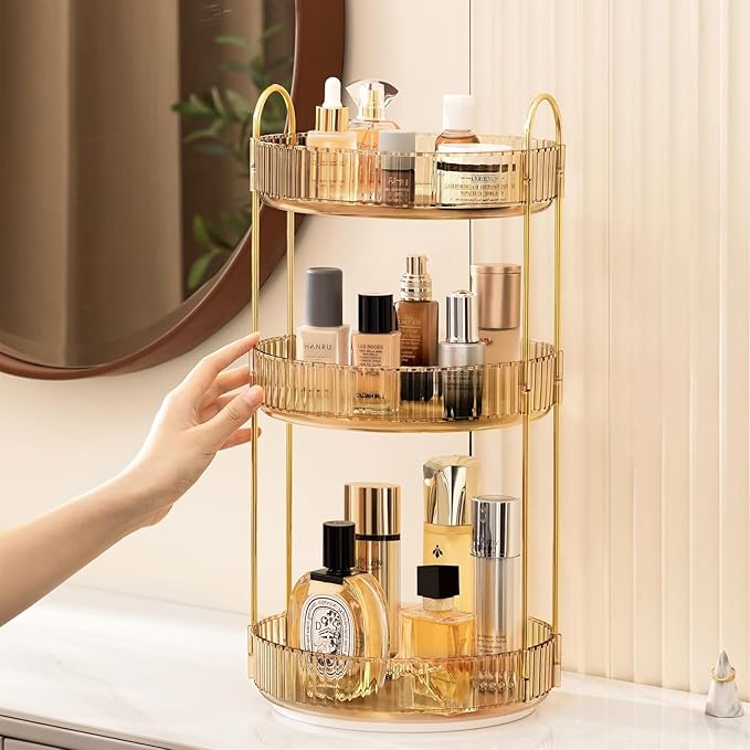 360 Rotating Makeup Organizer Countertop 3 Tier Bathroom Organizer Spinning Perfume Organizers, Skincare Organizers Makeup Carousel Cosmetic Brush Storage for Vanity, Countertop, Gold
