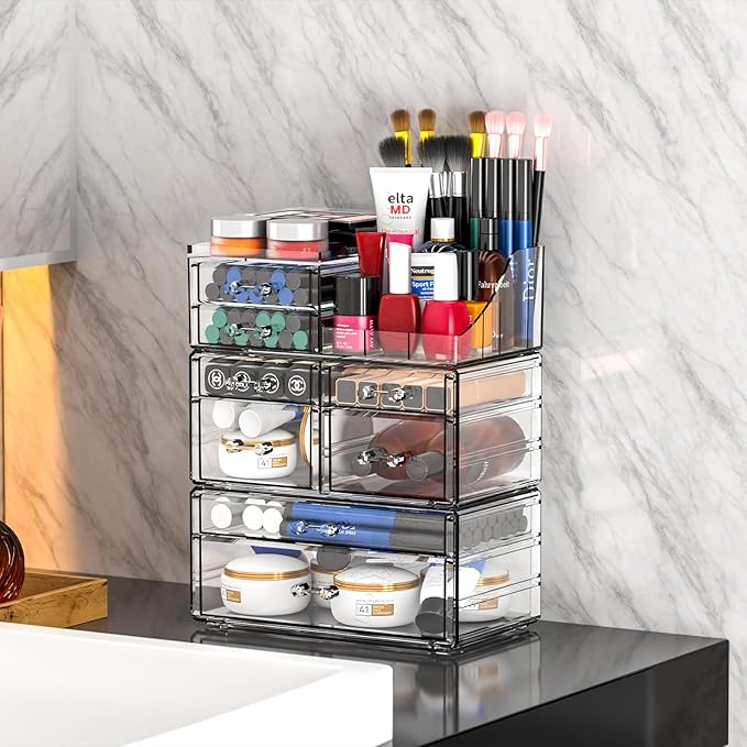 Cq acrylic 3 Pack Clear Make Up Organizers for Vanity With 8 Drawers,Stackable Skincare Organizer and Cosmetic Storage Organizer for Jewelry,Lipstick,Beauty,Skin Care,Vanity Organizers and Storage