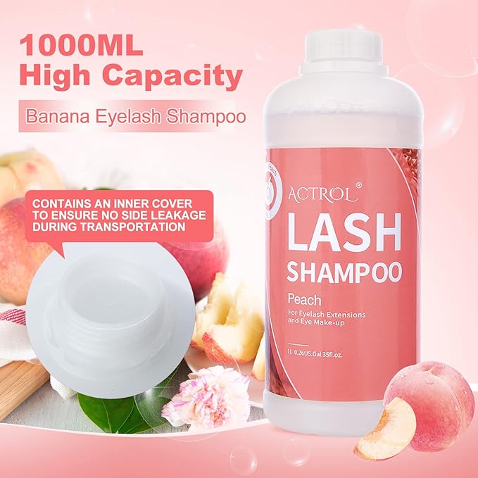 Eyelash Extension Cleanser Peach 1L Natural Lash Extension Shampoo Professional Eyelid Foaming Cleanser Paraben & Sulfate Free Non-lrritating with Salon and Home Care