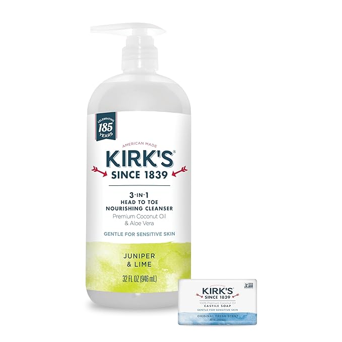 Kirk's 3-in-1 Castile Liquid Soap Travel Size Bar Soap (1.13 oz.) | Head-to-Toe Clean Shampoo, Face Soap & Body Wash for Men, Women & Children | Juniper & Lime Scent | 32 Fl Oz.