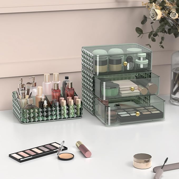 Makeup Organizer for Vanity, Stackable Cosmetics Organizer and Storage, Cosmetic Display Cases with 3 Drawers and 1 Tray for Makeup Brush, Hair Accessories, Lipstick and Jewelry, Green