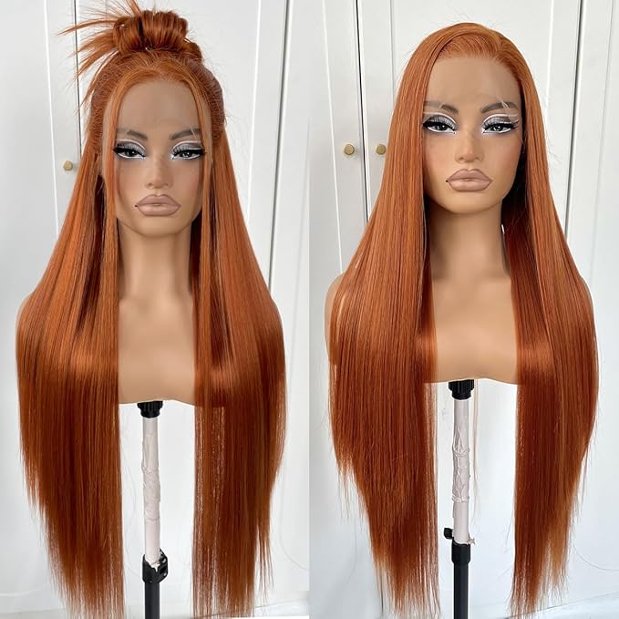 13x6 Ginger Orange Lace Front Wig Pre Plucked HD Synthetic Long Straight Lace Front Wigs 180 Density Yaki Glueless Ginger Lace Front Wig 32inch