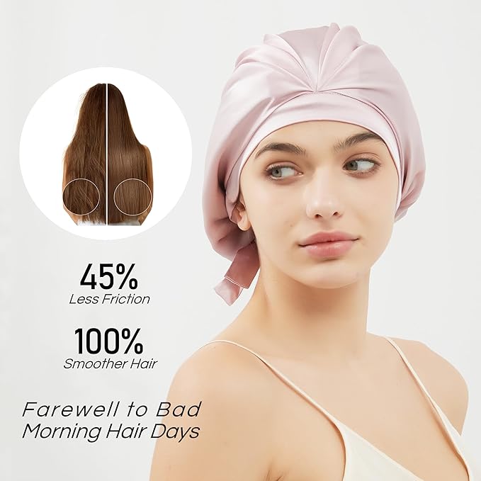 RachelSilk 100% Mulberry Silk Sleep Cap, Grade 6A 19 Momme Silk for Women Hair Care, Night Bonnet with Elastic Stay On Head, Sleep Cap After Shower, for Small -Medium Head Size (Pale Pink)