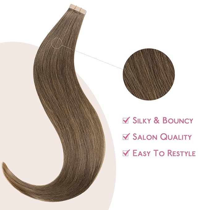 WENNALIFE Tape in Hair Extensions Human Hair Light Ash Brown 10pcs 30g 24 inch Remy Invisible Tape Ins Straight Colored Soft Real Human Hair Tape in Extensions Refill Set