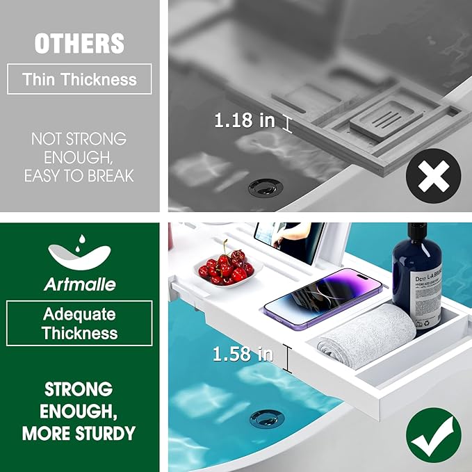 Artmalle Foldable Bathtub Caddy Tray for Tub, Bamboo Bathtub Tray Table with Book Holder for Home Spa Relax, Bathroom Accessories for Women Men with Free Soap Dish (Semi-Simple, White)