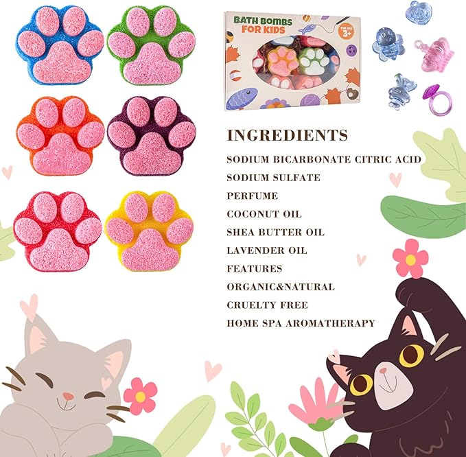 Paw Bath Bomb for Kids with Surprise Toys Inside, 12 Pcs Colorful Handmade Natural Bath Ball with Sparkling Crystal Toys, SPA Fizzy Bath Bomb Gift Set for Girl Boy at Christmas, Birthday