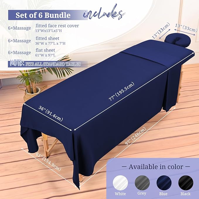 18Pcs 6 Sets Massage Table Sheets Set 3 Piece Set Includes Massage Bed Sheets, Massage Bed Cover Massage Face Rest Cover, Spa Bed Cover Massage Sheets Sets for Beauty Salon and Home Spa (Navy Blue)