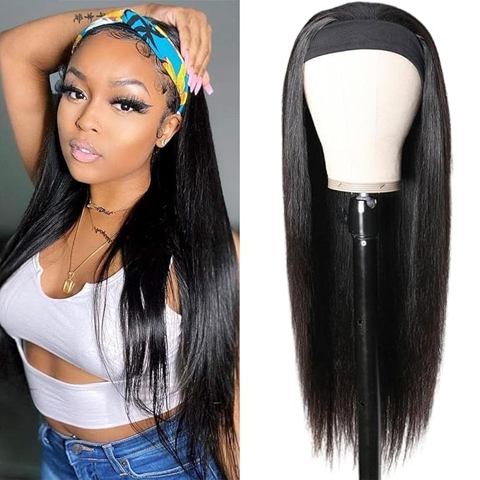 Aiterina Headband Wig Straight Human Hair Wigs 26 Inch None Lace Front Wigs Glueless Wig 150% Density Brazilian Virgin Human Hair Headband Wigs for Black Women Glueless Human Hair Natural Color