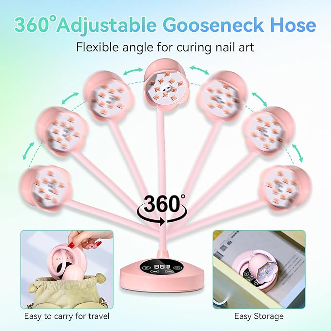 Makartt UV Nail Lamp: Mini UV Light for Gel Nails Polish Luminoza 30W Rechargeable LED Nail Dryer with 4 Timers & Auto Sensor Fast Curing Goosenecks Lamp for Home DIY Manicure (Pink)