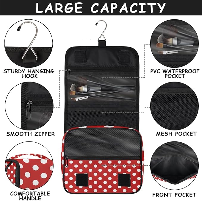 Hanging Travel Toiletry Bag for Women, Polka Dot Print Travel Makeup Bag Red White Polka Dot Portable Cosmetic Bag Travel Organizer for Toiletries Accessories
