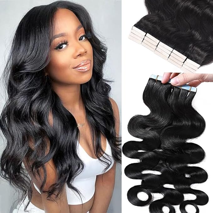 26Inch Body Wave tape in Hair Extensions Loose Curly Invisible Tape on Remy Hair Natrual Wave Virgin Human Hair Skin Weft Tape in Hair Extensions Double Sided Long Tape Ins 20pcs/Pack 50g