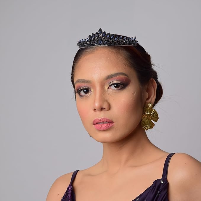 LIMELIA Women's Tiara for Henna Wedding Party|Glitter Hair Accessories for Bridal Birthday Pageant Prom Halloween Costume Christmas Party, Queen Princess Crowns | Leaf Model-Navy Blue