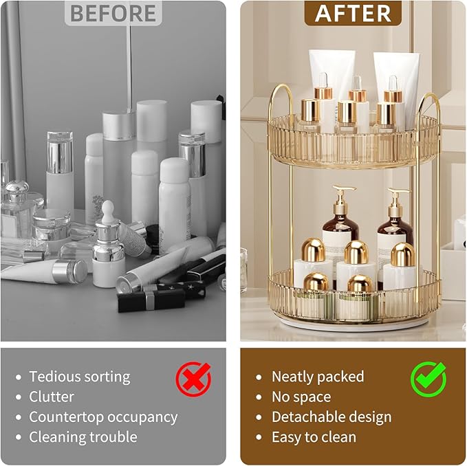 360° Rotating Makeup Organizer for Vanity - 2 Tier Perfume Organizer with Large Capacity - Skincare Organizer for Bathroom Counter - Space-Saving Cosmetic Storage for Dresser Countertop (Gold)