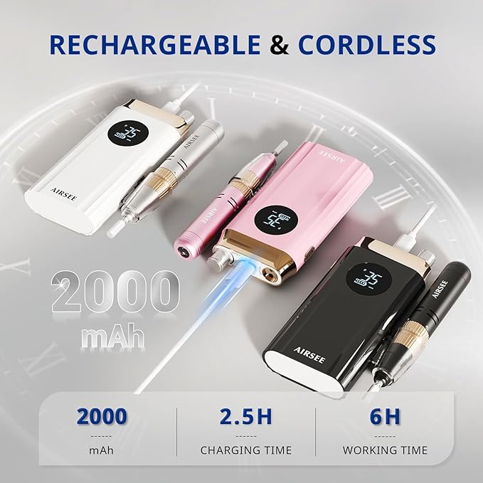 AIRSEE Professional Portable Nail Drill 35000RPM,Rechargeable Cordless Nail Drill for Manicure Salon Home, Eletric Nali E File for Acrylic Nails Gel Polishing Removing, EW4 White