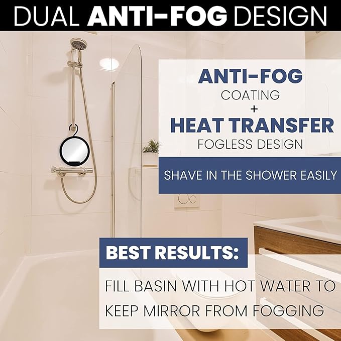 MIRRORVANA Dual Anti Fog Shower Mirror for Shaving with Hook for Hanging and Fogless Shatterproof Surface - Fill Back Chamber/Reservoir with Hot Water for Fog Free Shave (8" Diameter, Black)