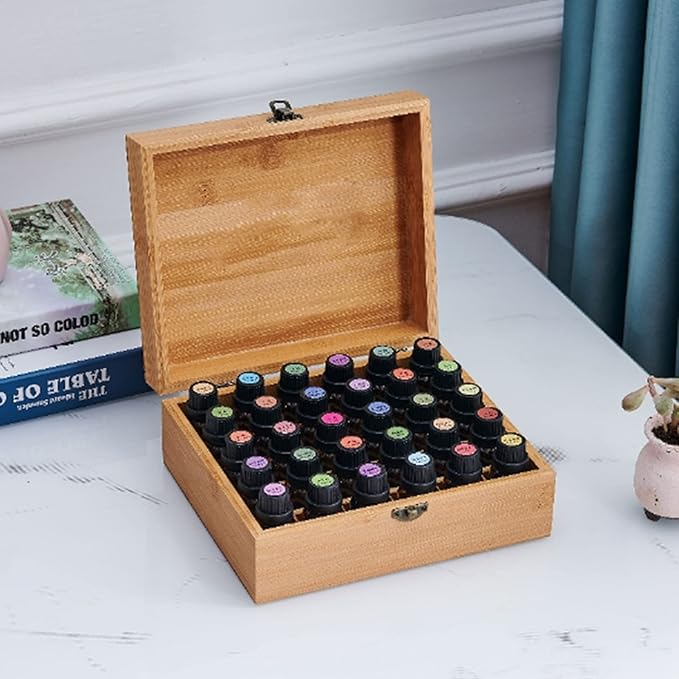 Pure Vie Bamboo Essential Oil Storage Box Travel Organizer Case with Bottle Cap Label - Aromatherapy Nail Polish Fragrance Container, Holds 30 Bottle for 5-15ml - Keep Scented Oil Safe & Space Saver