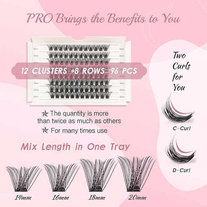 Lash Clusters, 96 Pcs 14-16-18-20mm Cluster Lashes C Curl Lash Clusters DIY Lash Extension Eyelash Clusters Volume Wispy Lashes Super Thin Band Reusable Soft & Comfortable(Volume-C-14-20 mix)