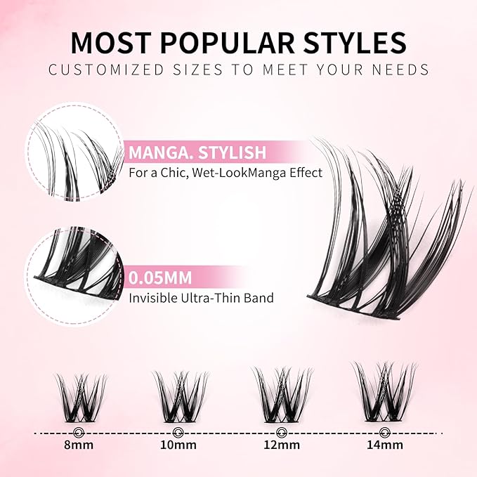 Flora Lash Clusters Kit 8-14mm Individual Lashes D Curl Spiky Cluster Lashes Kit Wispy Eyelash Clusters DIY Eyelash Extension kit with Lash Bond and Seal 0.05mm Ultra-Thin Black Lash Band DIY at Home