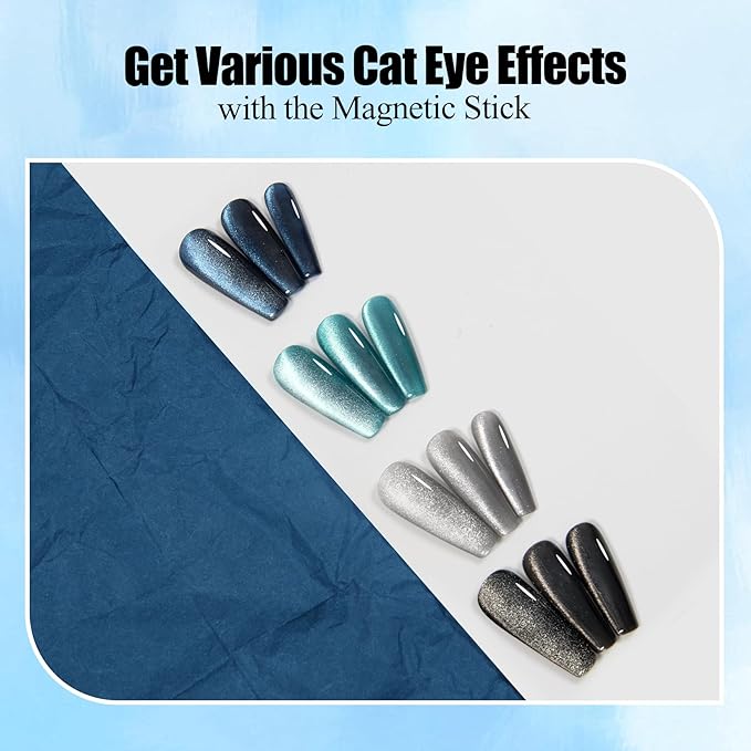Adhere 4Pcs 12ML Glitter Cat Eye Soak Off UV LED Gel Nail Polish Set, Reflective Glitter Cat Eye, Sparkling Diamond Magnetic Shining Jewel Shine Color with Magnet