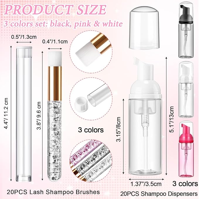 Zhehao 80 Pcs Lash Shampoo Bottle Brushes Kit 20 Foam Pump Dispensers 20 Lash Shampoo Brushes 20 Eyelash Aftercare Bag 20 Cleaning Pipes, Eyelash Extension Supplies(Colorful)