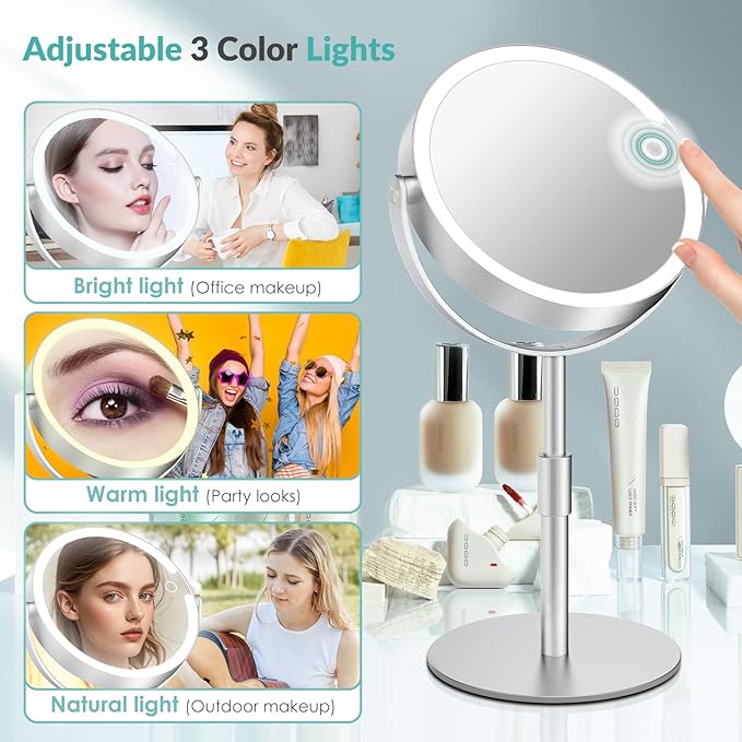 Lighted Magnifying Mirror 10X 1X Magnification, Double Sided Makeup Mirror, Rechargeable LED Beauty Mirror with 3 Color Setting, Adjustable Height Vanity Desk Mirror (Silver)