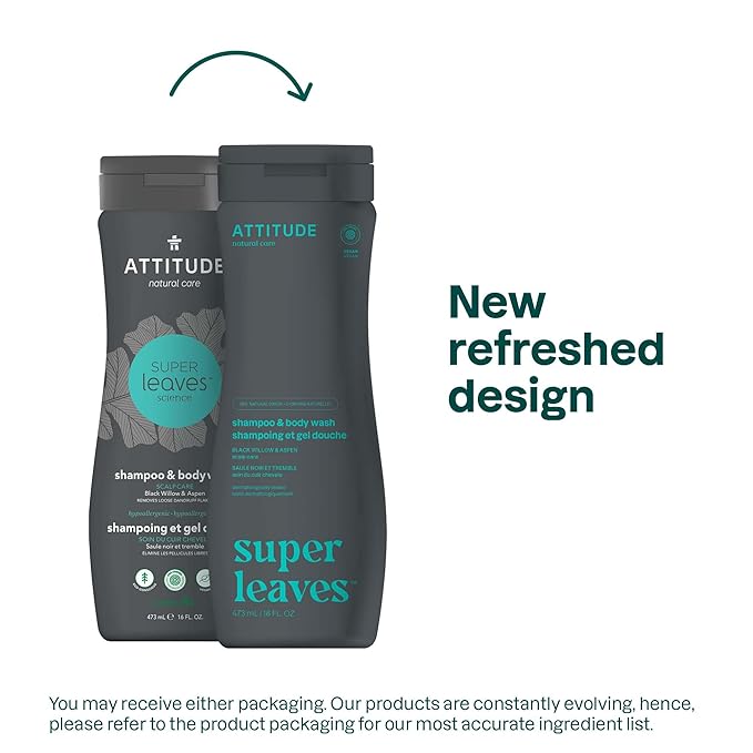 ATTITUDE 2-in-1 Body Wash and Hair Shampoo, EWG Verified Shower Gel, Dermatologically Tested, Made with Naturally Derived Ingredients, Vegan Personal Care, Black Willow and Aspen, 16 Fl Oz