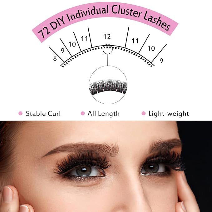 PRO LASHBEAUTY Cluster Lashes, 72 Pcs Individual Lashes, DIY Eyelash Extension, Super Thin Band, Reusable, Soft & Comfortable (Into You-01-D-16mm)