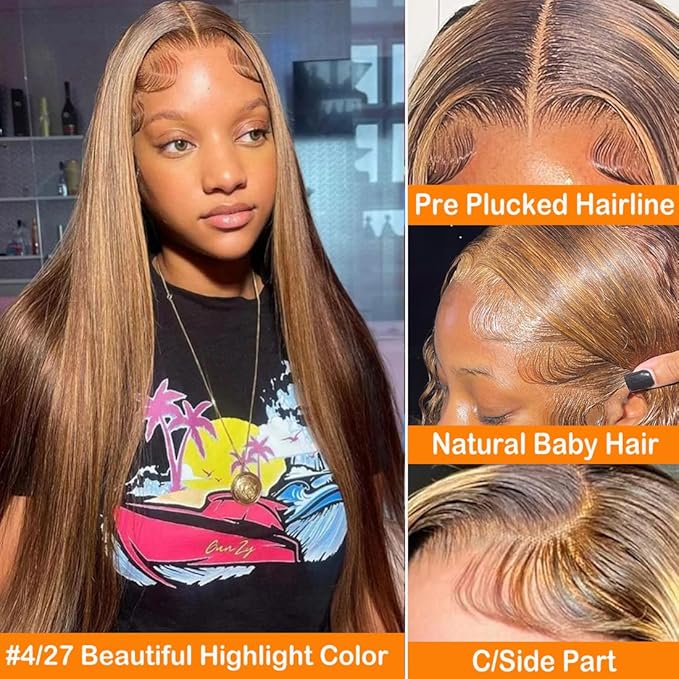 28 Inch Ombre Lace Front Human Hair Wig - Pre Plucked 180% Density Honey Blonde 13x4 HD Straight Glueless 4/27 Highlight Frontal for Women