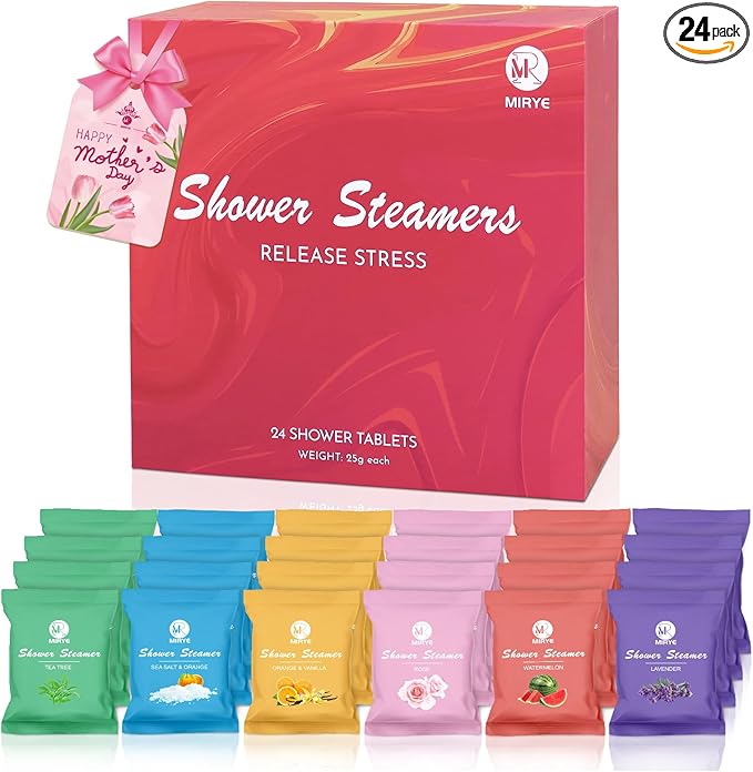 Shower Steamers Aromatherapy for Women and Men, 24-Pack Organic Shower Bombs with Essential Oil, Rose, Watermelon, Tea Tree, Orange, Sea Salt, Lavender Birthday Gifts Mothers Day Gifts for Mom