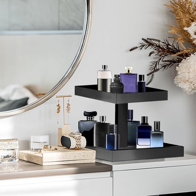 YAGELI Black Perfume Organizer for Men - 2 Tier Acrylic Cologne Rack Organizer for Men, Rectangular Vanity Storage with Sturdy Design, Space Saver for Bathroom & Bedroom