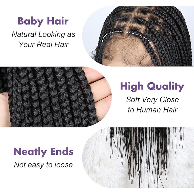 13x8 Braided Lace Front Wigs for Black Women, 36 inch Knotless Box Braids Wigs with Baby Hair, Black Synthetic Medium Braided Wig