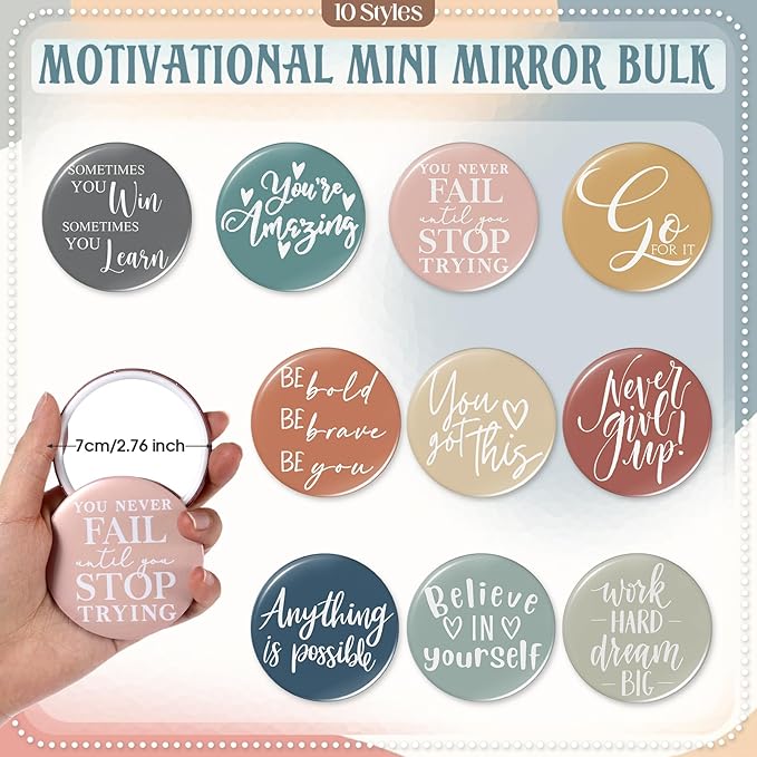 20 Pcs Employee Appreciation Gifts 10 Inspirational Canvas Makeup Bags 10 Compact Mirrors Bulk Cosmetic Bags Round Portable Pocket Mirror Thank You Gifts for Women (Incentive)