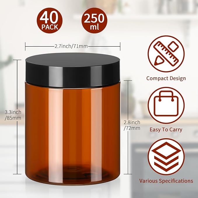 Tanlade 40 Pcs Amber Plastic Jars with Lids Round Cosmetic Containers Amber Jars Refillable Containers for Powder Liquid Food Storage Kitchen Cosmetic Lotion Ointments Creams Essential Oil (8 oz)