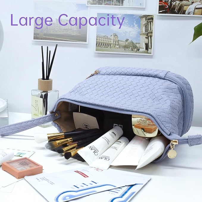 Abiudeng Large Capacity Makeup Bag Ladies Cosmetic Bag Travel Bag with Compartments Portable PU Leather Travel Makeup Bag with Handle