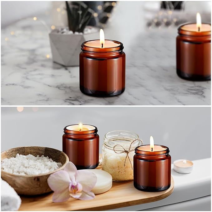 Norme 48 Pcs 4 oz Glass Jars with Lids Leakproof Round Airtight Empty Cosmetic Jars with Inner Liners Lid for Storing Lotions Powder Ointments Candle Making (Black,Amber)