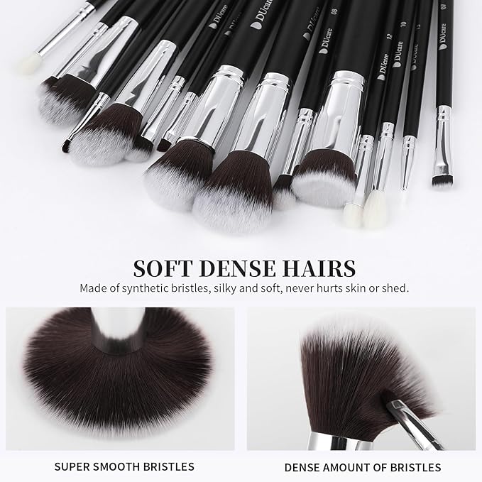DUcare Makeup Brushes with Bag,15Pcs Makeup Brush Set Christmas Gift Travel Kabuki Foundation Blending Blush Eyeliner Shadow Brow Concealer Brushes Kit Black