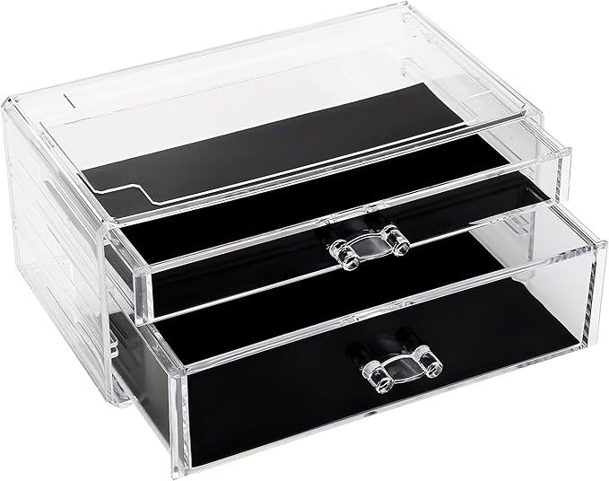 Sea Team Clear Makeup Organizer with Drawers, Acrylic Plastic Cosmetic Display Case, Jewelry Storage Box, Holder for Dresser, Bathroom, Vanity, Countertop (1 Large, 1 Middle Drawers)