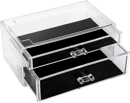 Sea Team Clear Makeup Organizer with Drawers, Acrylic Plastic Cosmetic Display Case, Jewelry Storage Box, Holder for Dresser, Bathroom, Vanity, Countertop (1 Large, 1 Middle Drawers)