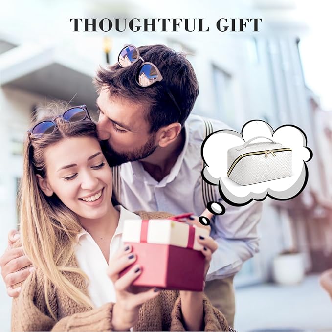 Travel Makeup Bag: Large Capacity Cosmetic Bag for Women, Portable PU Leather Waterproof Stuff Bag With Handle and Divider Flat Lay Makeup Pouch Toiletry Bag Birthday Gift for Women - White