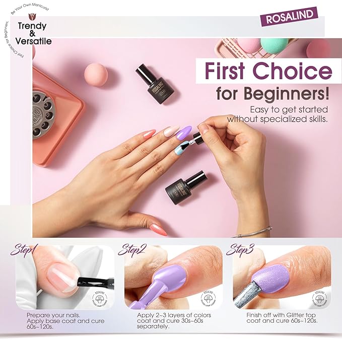 ROSALIND 24pcs Gel Polish Set with 4 Bottles of Base and Glossy Matte Glitter Top Coat Brown Purple Gel Nail Set Suitable for All Seasons
