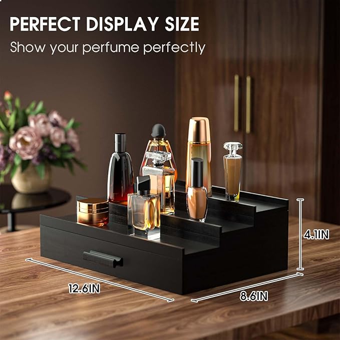 Sephyroth Cologne Organizer for Men 3 Tier of Elevated Cologne Display Shelf with Drawer Storage Perfume Organization and Storage Display Risers,Great Gift for Man(Black)