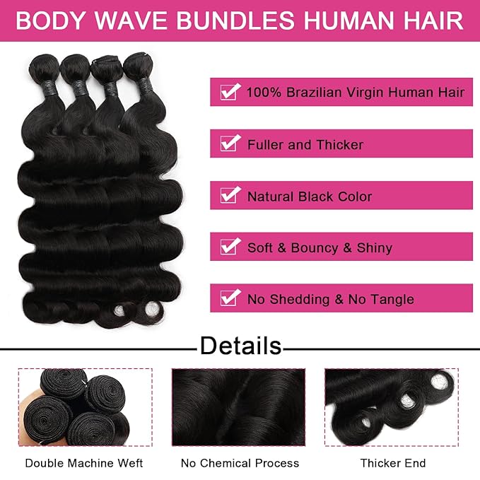 4 Bundles Human Hair Body Wave 22 24 26 28Inch 12A 100% Unprocessed Sew in Human Hair Brazilian Virgin Hair Bundles Natural Color Hair Extensions For Women