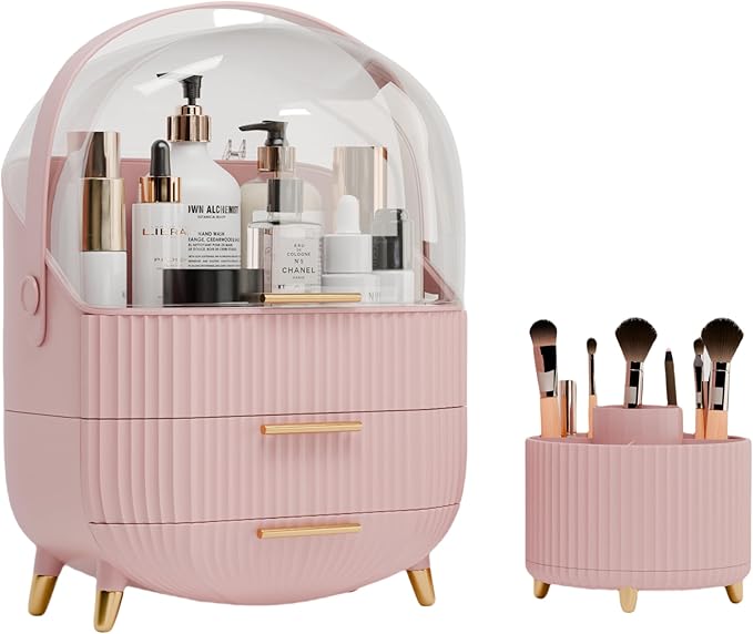 Makeup Organizers and Storage Make up Organizer for Vanity Cosmetics Skincare With Lid and Drawers Display Cases for Countertop Bathroom Women Teenager Girl Gifts(Pink+Brush Holder)